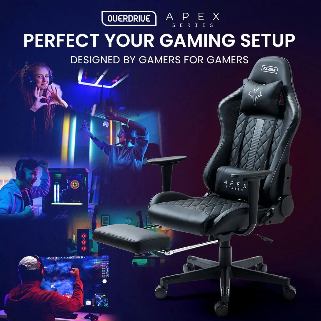 Overdrive Apex Series Reclining Gaming Ergonomic Office Chair with Footrest, Black