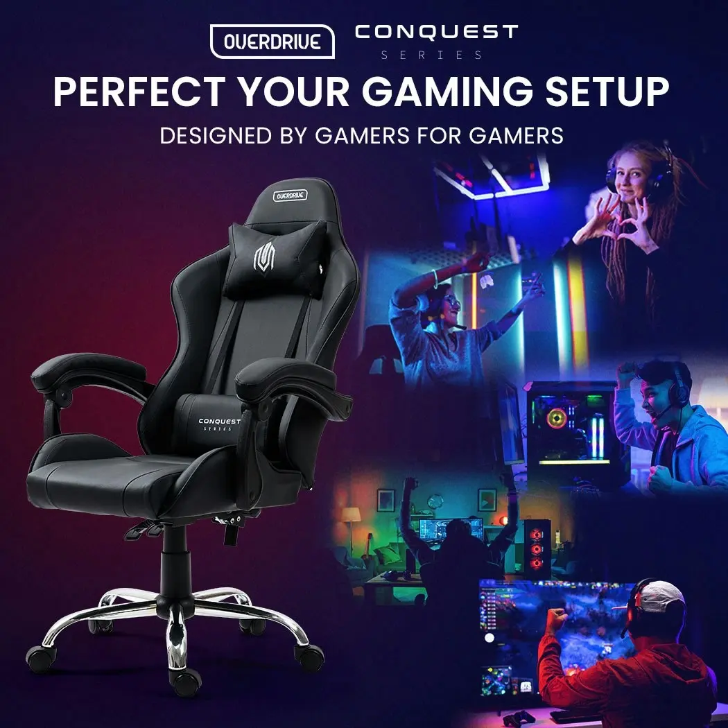 Overdrive Conquest Series Reclining Gaming Ergonomic Office Chair with Lumbar and Neck Pillows, Black