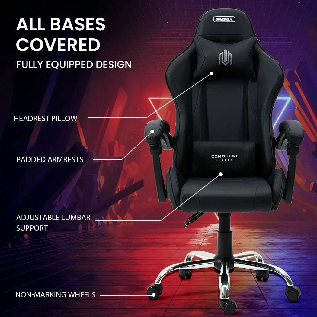 Overdrive Conquest Series Reclining Gaming Ergonomic Office Chair with Lumbar and Neck Pillows, Black