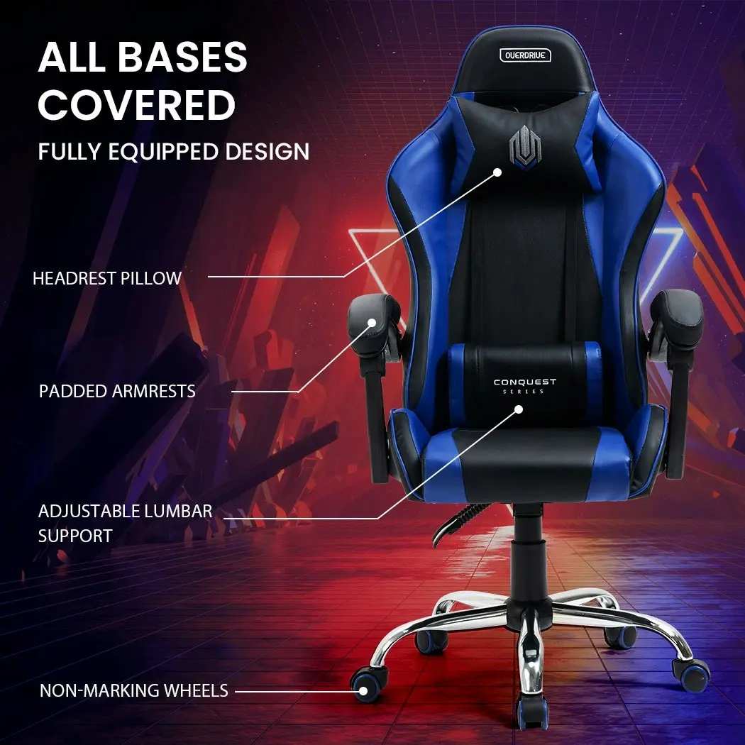 Overdrive Conquest Series Reclining Gaming Ergonomic Office Chair with Lumbar and Neck Pillows, Black and Blue