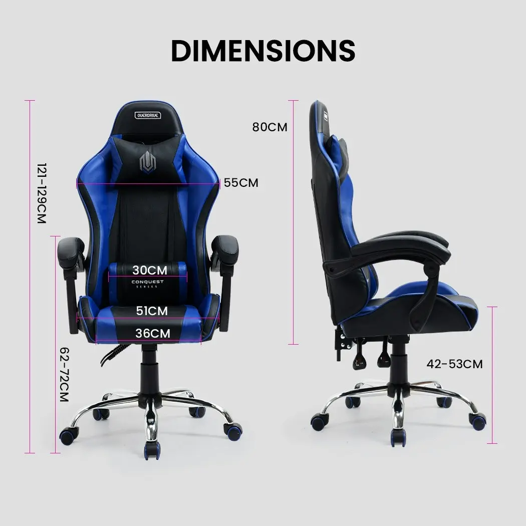 Overdrive Conquest Series Reclining Gaming Ergonomic Office Chair with Lumbar and Neck Pillows, Black and Blue