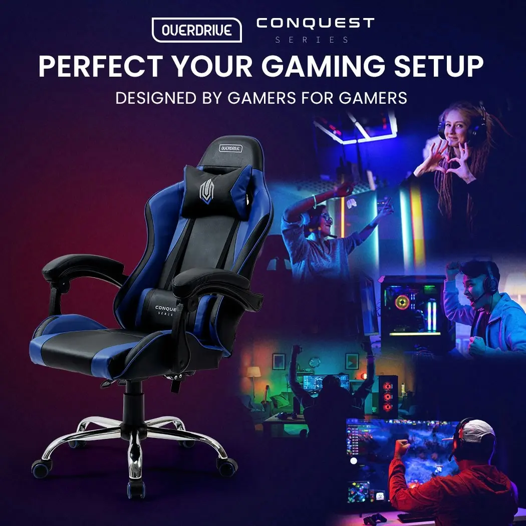 Overdrive Conquest Series Reclining Gaming Ergonomic Office Chair with Lumbar and Neck Pillows, Black and Blue