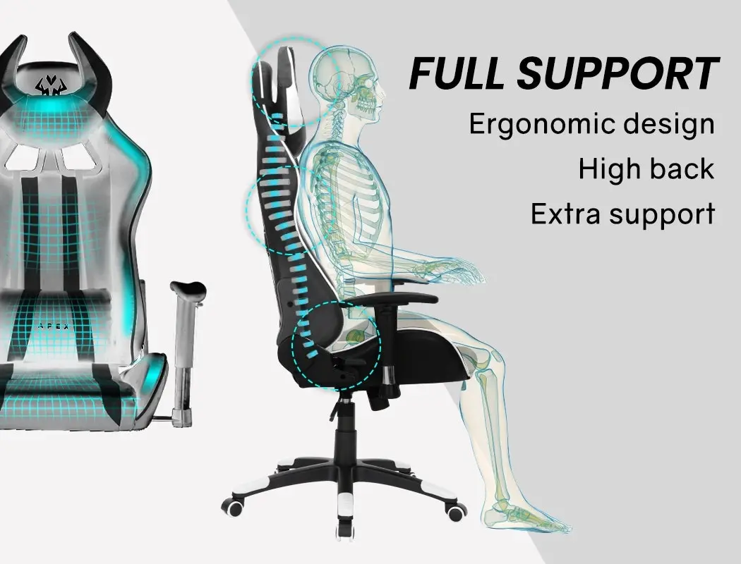 Overdrive Diablo Reclining Gaming Chair Black & White Seat Computer Office Neck Lumbar Horns