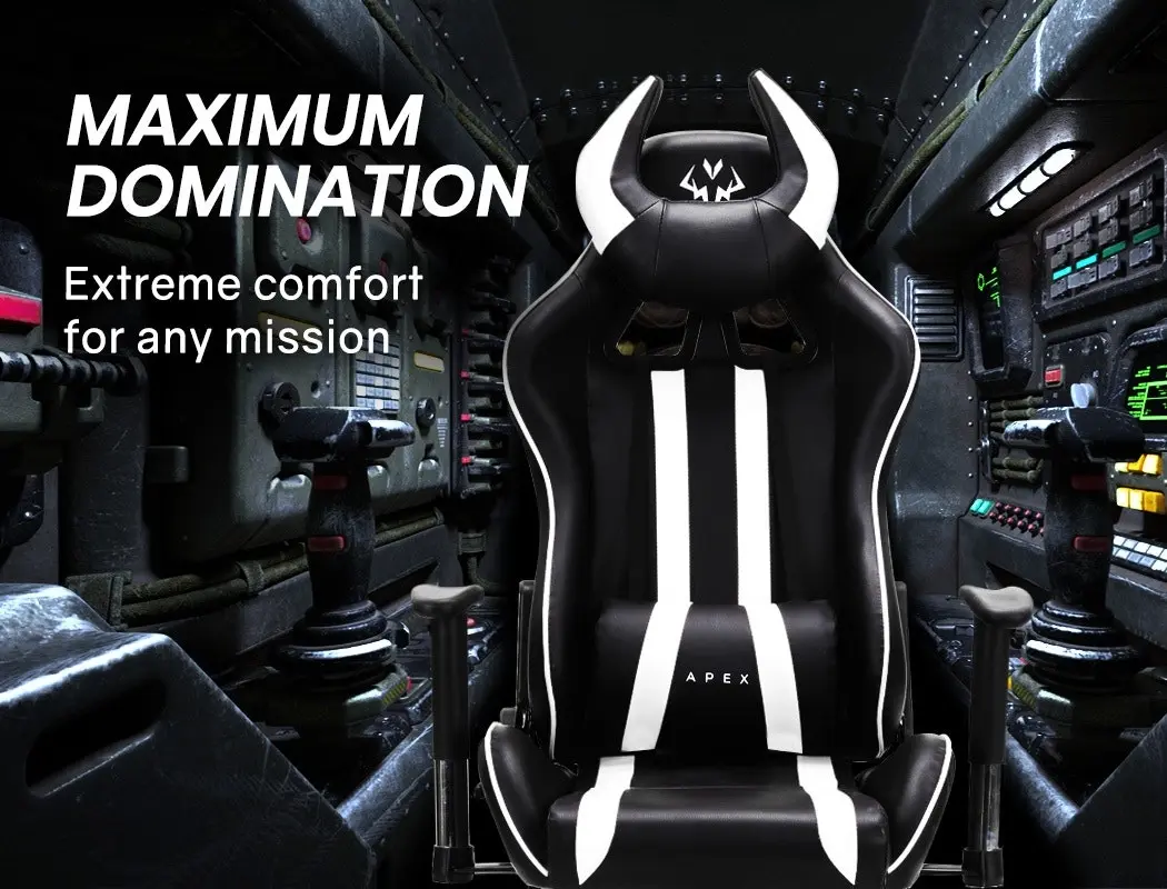 Overdrive Diablo Reclining Gaming Chair Black & White Seat Computer Office Neck Lumbar Horns