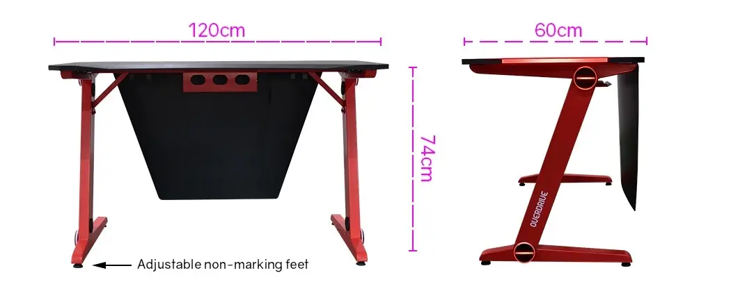 Overdrive Gaming Desk 120cm Computer Black PC Red LED Lights Carbon Fiber Look