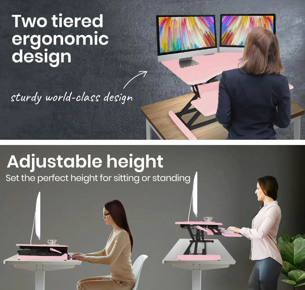 Fortia Desk Riser 77cm Wide Adjustable Sit to Stand for Dual Monitor, Keyboard, Laptop, Pink