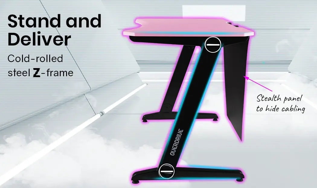 Overdrive Gaming Computer PC Desk Z-Style, Pink and Black, Cable Management