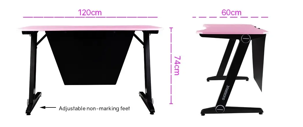 Overdrive Gaming Computer PC Desk Z-Style, Pink and Black, Cable Management