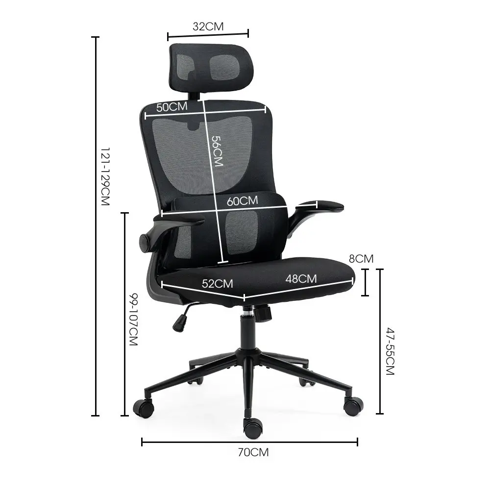 Fortia Ergonomic Office Desk Chair, Lumbar Support, Mesh Fabric, Adjustable Headrest, Retractable Armrests, Black