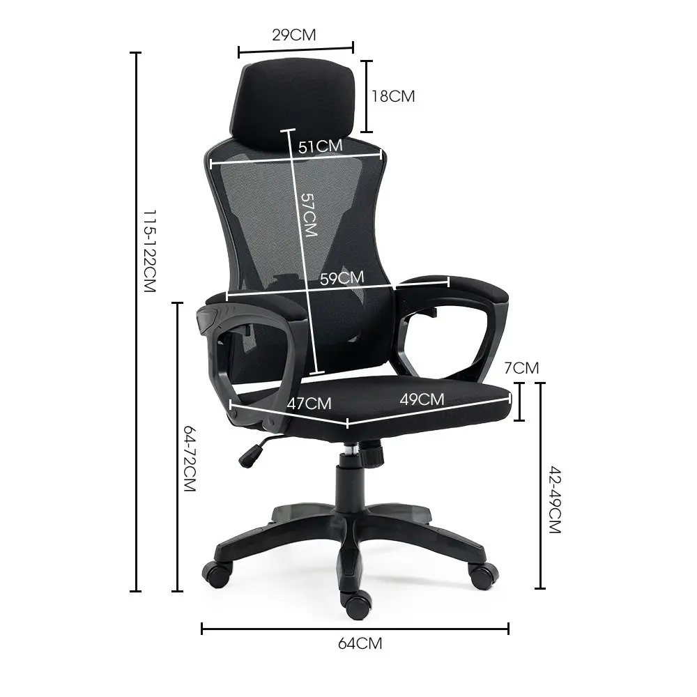 Fortia Ergonomic Office Desk Chair, Height Adjustable Lumbar Support, Mesh Fabric, Headrest, Black