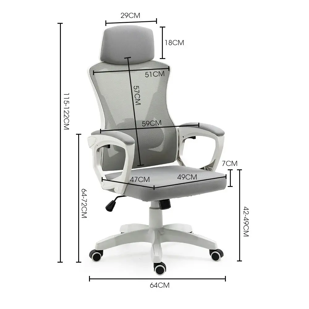 Fortia Ergonomic Office Desk Chair, Height Adjustable Lumbar Support, Mesh Fabric, Headrest, White/Grey