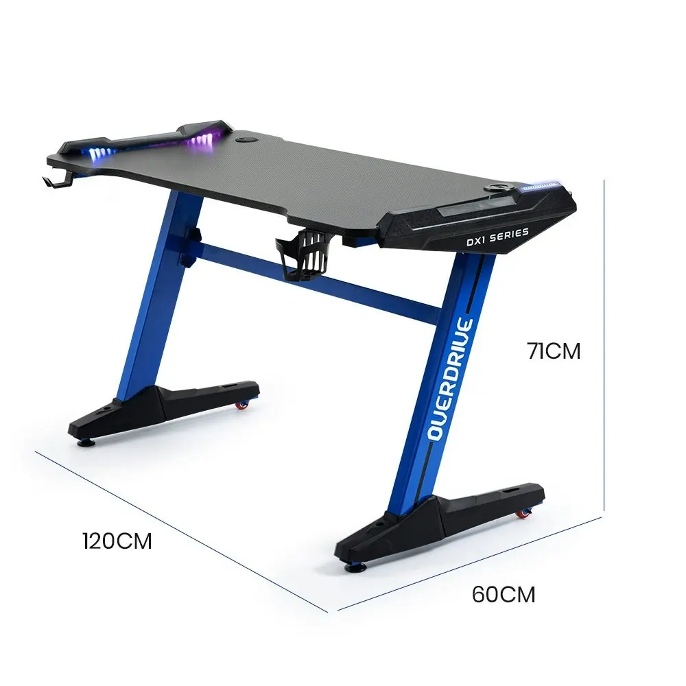 Overdrive Gaming Desk, 120x60cm, Carbon Fiber Styling, LED Lights, Headset Hanger, Cup Holder, Cable Management, Blue