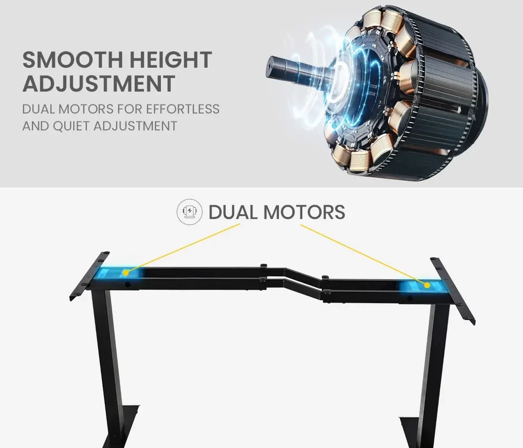 Fortia L-Shape Standing Desk, 1450W x 850D x 600D, Dual Motor, 80kg Load, Sit to Stand Up Electric Height Adjustable, Left-Hand Sided, Black/Black Frame