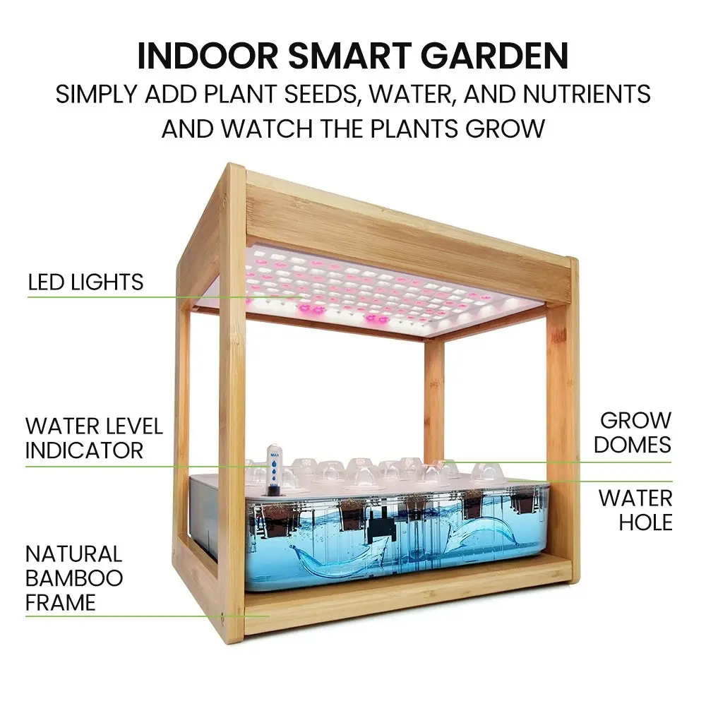 PlantCraft 12 Pod Indoor Hydroponic Growing System with Bamboo Frame & LED Lights