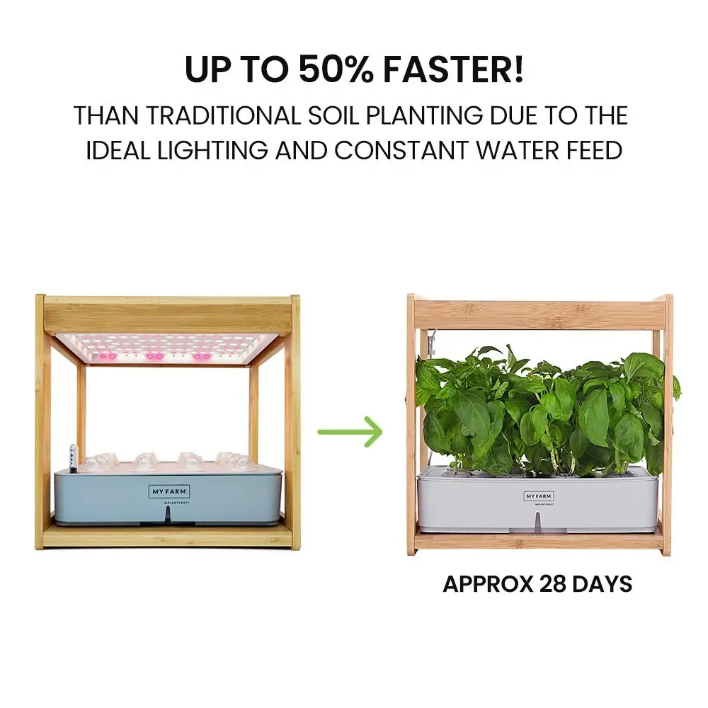 PlantCraft 12 Pod Indoor Hydroponic Growing System with Bamboo Frame & LED Lights