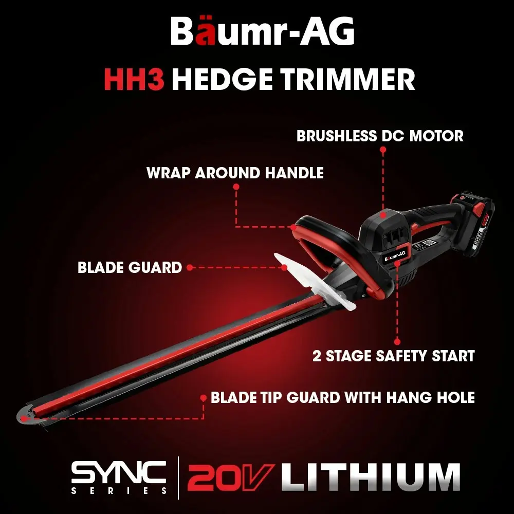 Baumr-AG 20V Cordless Electric Hedge Trimmer Shrub Cutter with Rechargeable Battery & Charger Kit