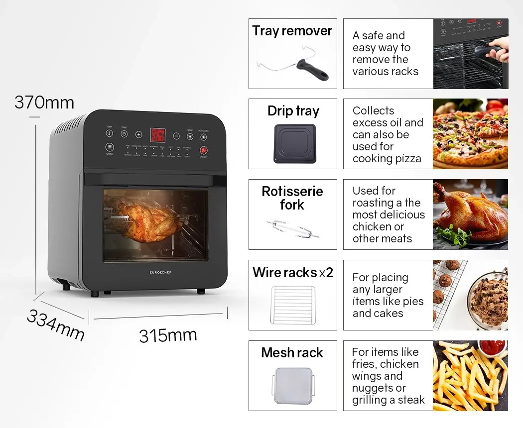 EuroChef 16L Digital Air Fryer Electric Airfryer Rotisserie Large Big Dry Cooker, Black