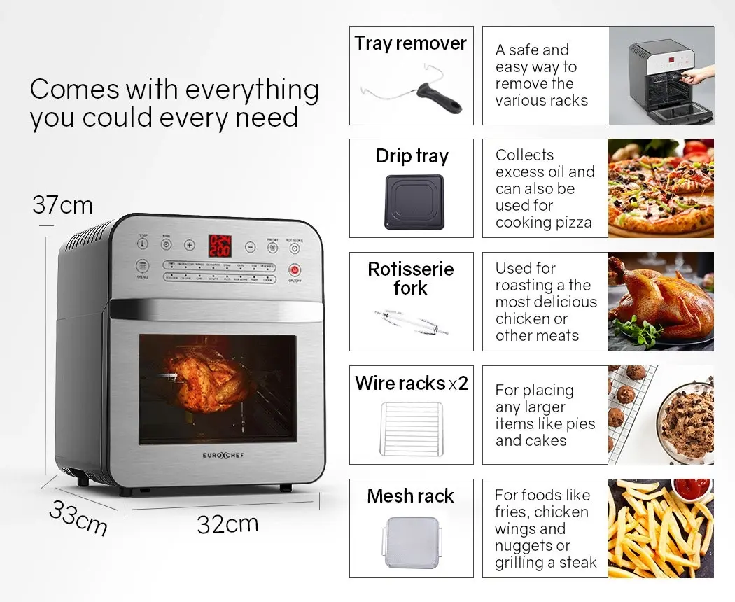 EuroChef 16L Digital Air Fryer Electric Airfryer Rotisserie Large Big Dry Cooker, Silver