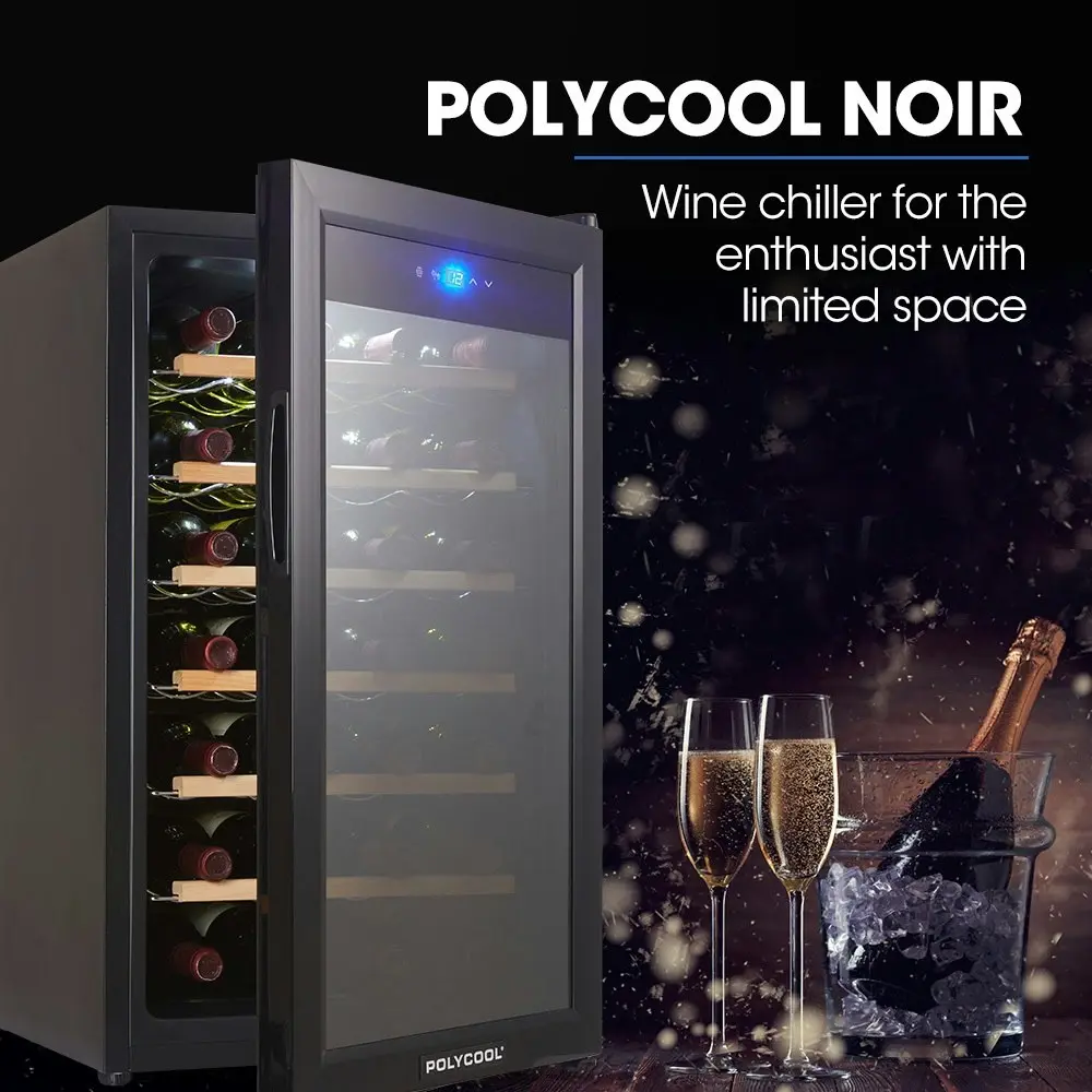 PolyCool 28 Bottle Wine Bar Fridge, Countertop, Mirrored Glass Door, Sliding Shelves, Black