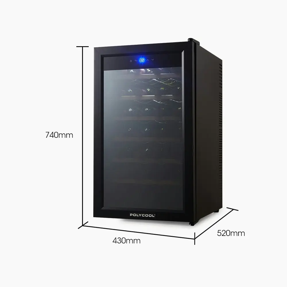 PolyCool 28 Bottle Wine Bar Fridge, Countertop, Mirrored Glass Door, Sliding Shelves, Black