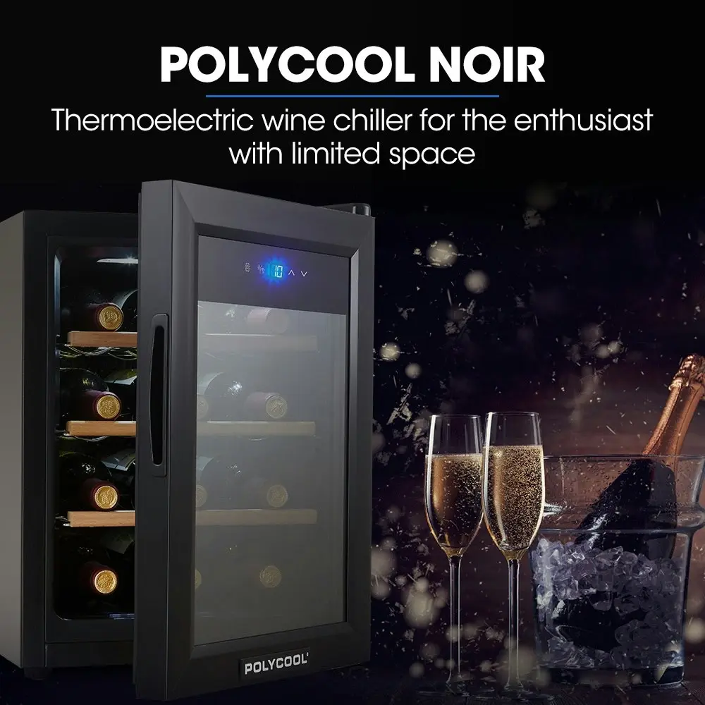 PolyCool 12 Bottle Wine Bar Fridge, Countertop, Mirrored Glass Door, Sliding Shelves, Black