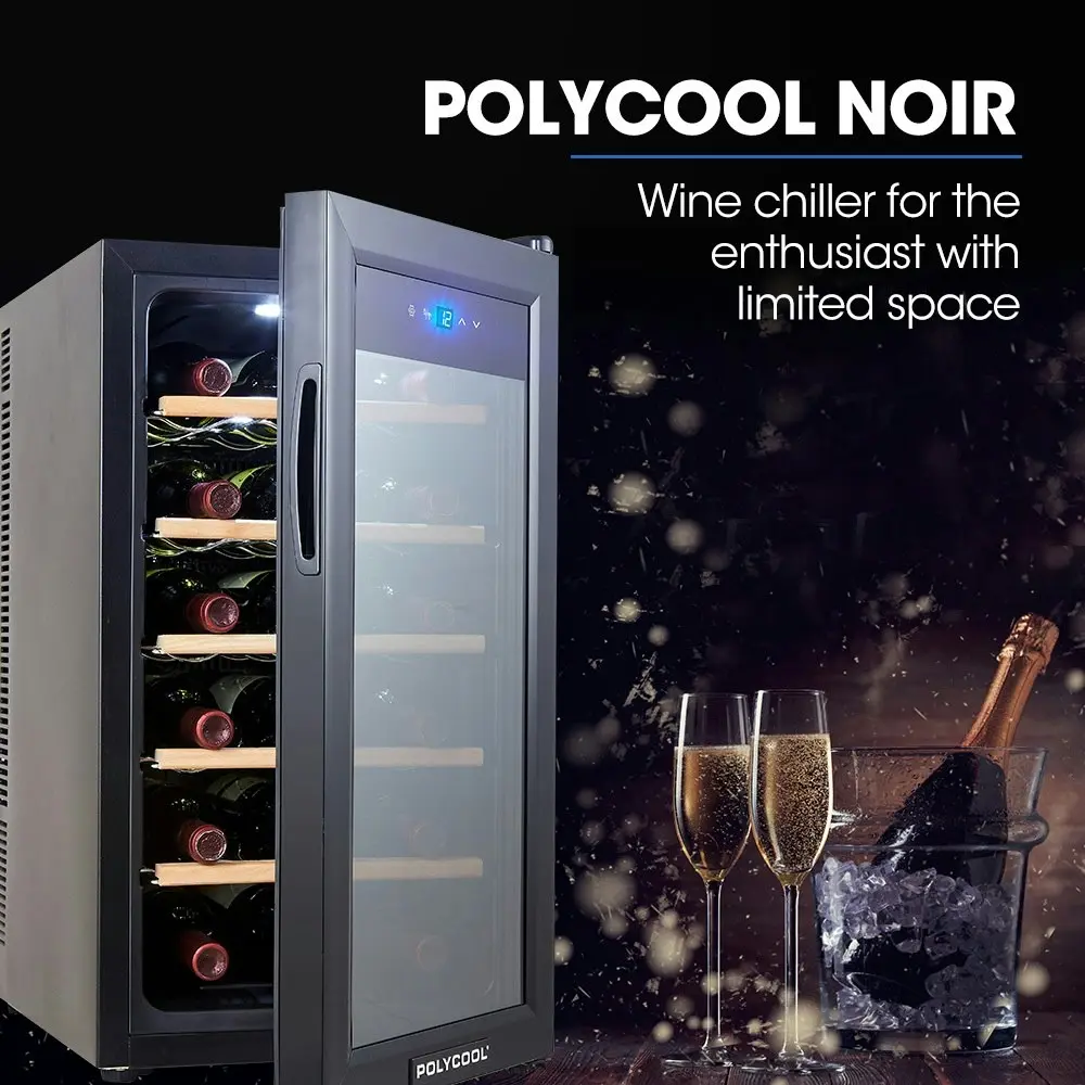 PolyCool 18 Bottle Wine Bar Fridge, Countertop, Mirrored Glass Door, Sliding Shelves, Black