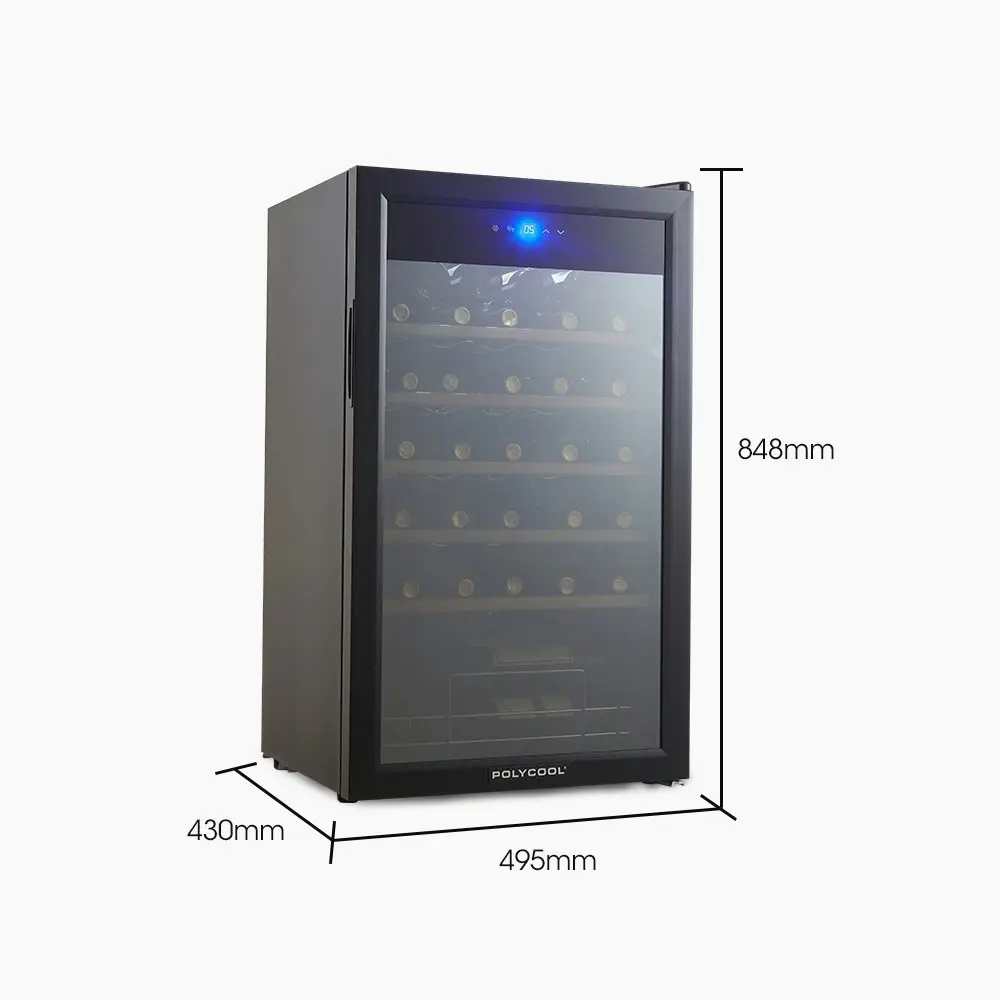 PolyCool 34 Bottle Wine Bar Fridge Glass Door Front Cooler Beer Chiller, Black