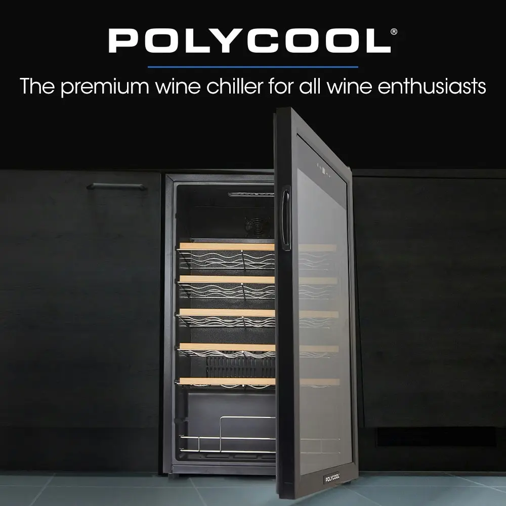 PolyCool 34 Bottle Wine Bar Fridge Glass Door Front Cooler Beer Chiller, Black