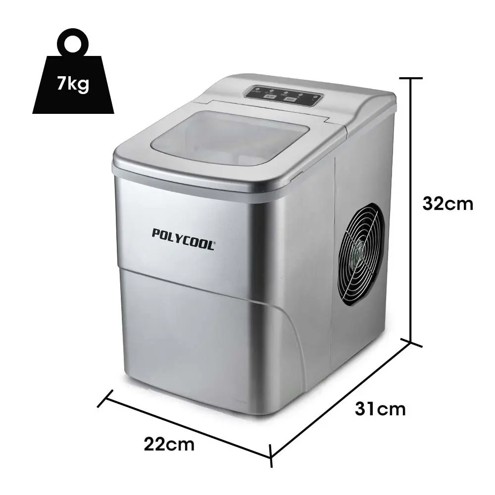 PolyCool 2L Portable Ice Cube Maker Machine Automatic with Control Panel, Silver