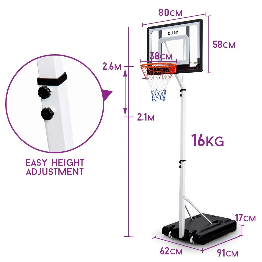 Dr.Dunk 2.6M Portable Basketball Hoop Stand System Height Adjustable Net Ring Slam Backboard Kids