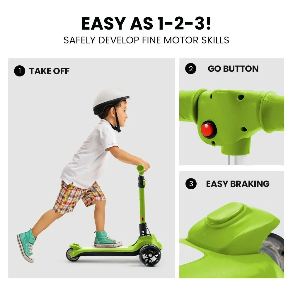 Rovo Kids 3-Wheel Electric Scooter, Ages 3-8, Adjustable Height, Folding, Lithium Battery, Green