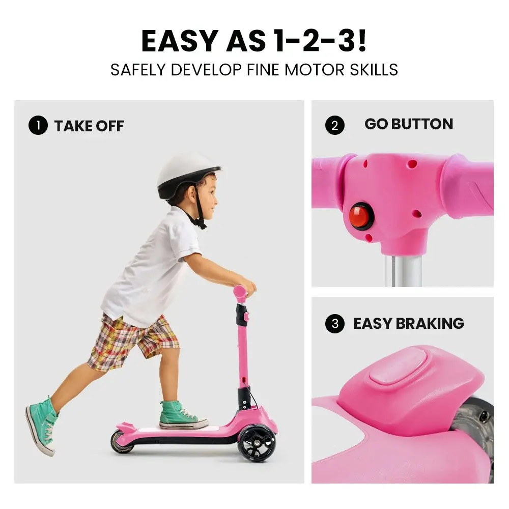 Rovo Kids 3-Wheel Electric Scooter, Ages 3-8, Adjustable Height, Folding, Lithium Battery, Pink