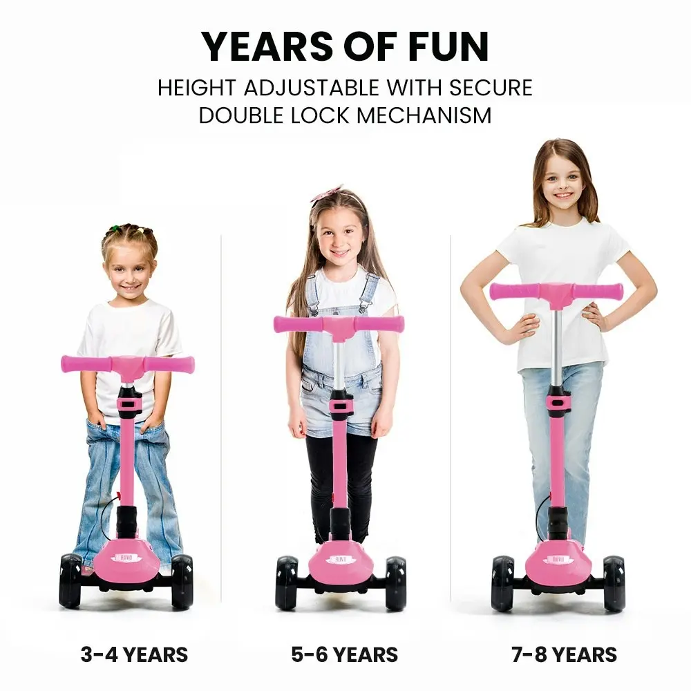 Rovo Kids 3-Wheel Electric Scooter, Ages 3-8, Adjustable Height, Folding, Lithium Battery, Pink