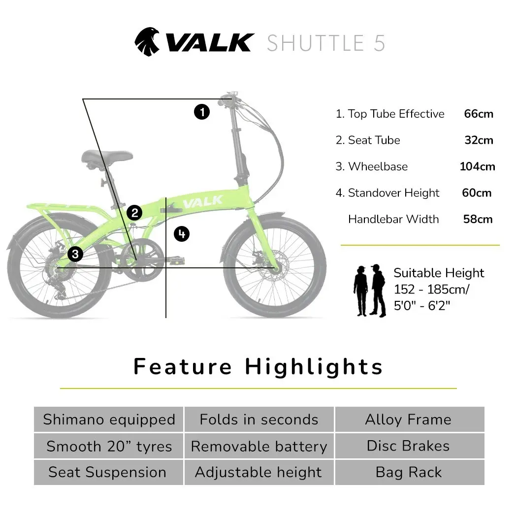 Valk Shuttle 5 Electric Folding Bike, Gen II, 20 Inch Tyres, Shimano 7-Speed, Lime Green