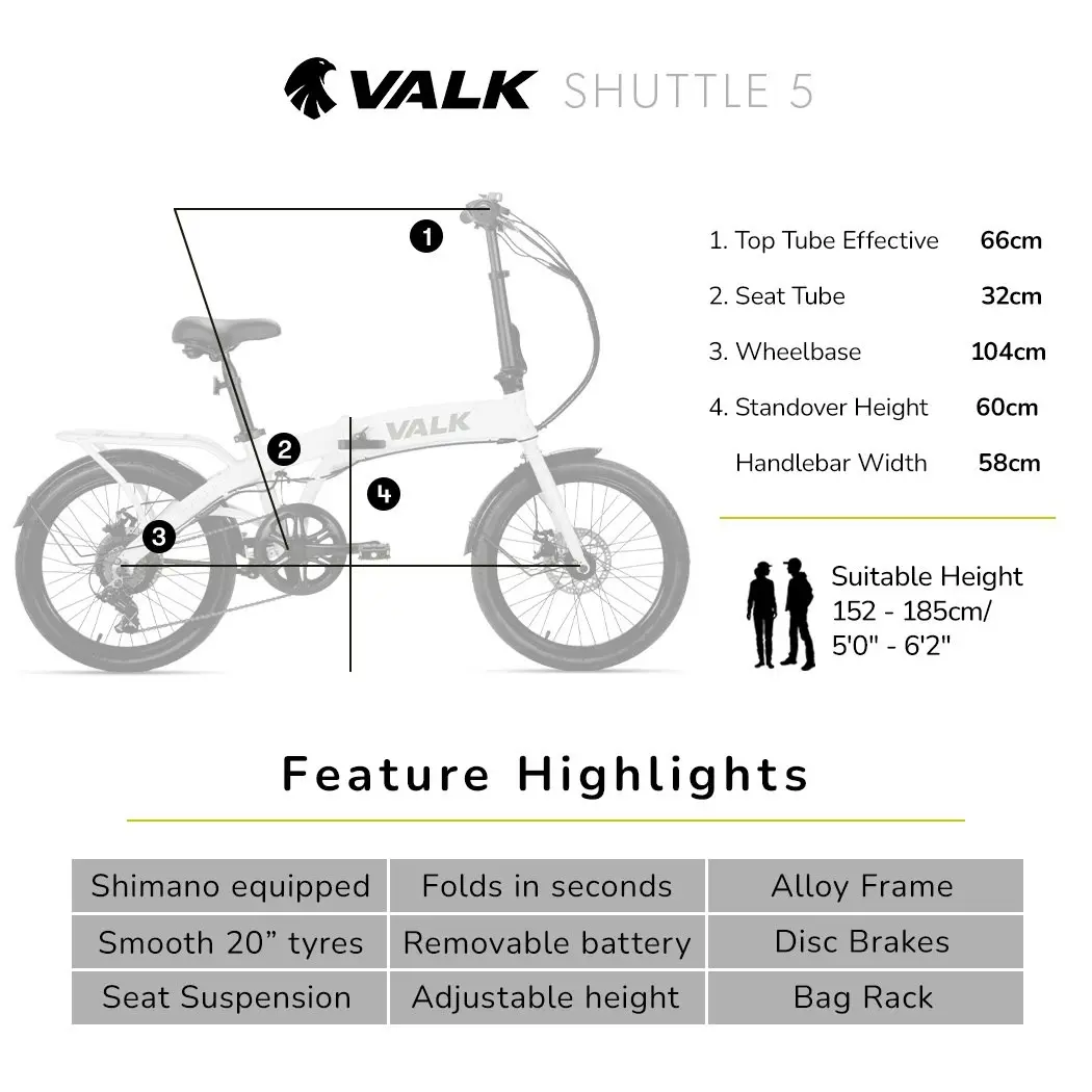 Valk Shuttle 5 Electric Folding Bike, Gen II, 20 Inch Tyres, Shimano 7-Speed, White