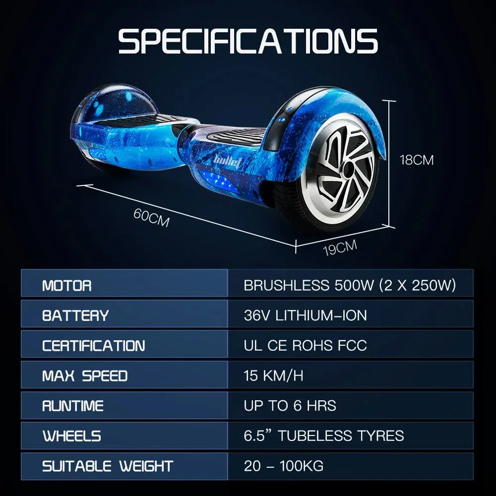 Bullet Electric Hoverboard Scooter 6.5 Inch Wheels, Colour LED Lighting, Carry Bag, Gen III Blue Galaxy