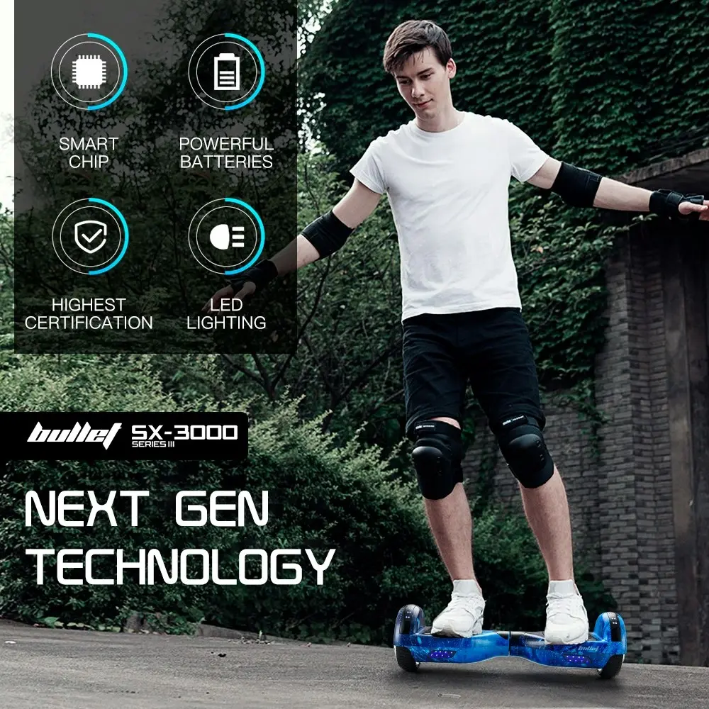 Bullet Electric Hoverboard Scooter 6.5 Inch Wheels, Colour LED Lighting, Carry Bag, Gen III Blue Galaxy