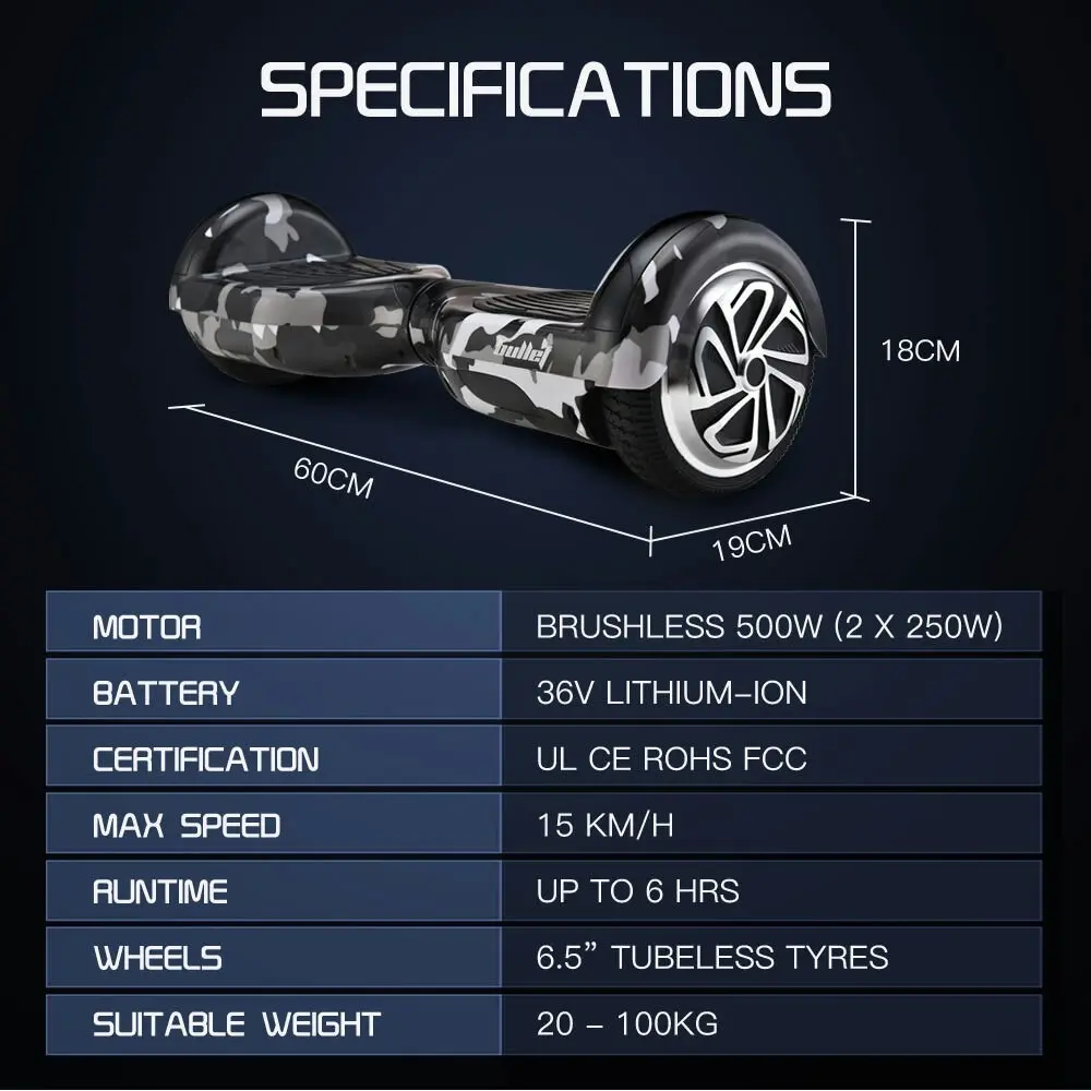 Bullet Electric Hoverboard Scooter 6.5 Inch Wheels, Colour LED Lighting, Carry Bag, Gen III Camo Grey