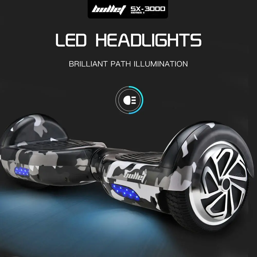 Bullet Electric Hoverboard Scooter 6.5 Inch Wheels, Colour LED Lighting, Carry Bag, Gen III Camo Grey