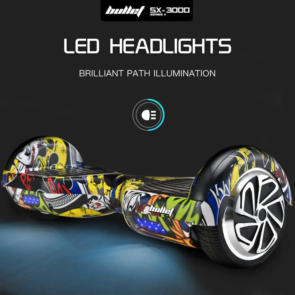 Bullet Electric Hoverboard Scooter 6.5 Inch Wheels, Colour LED Lighting, Carry Bag, Gen III Hiphop design