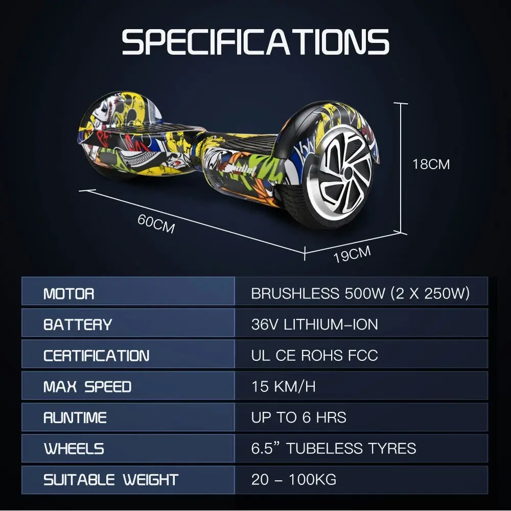 Bullet Electric Hoverboard Scooter 6.5 Inch Wheels, Colour LED Lighting, Carry Bag, Gen III Hiphop design