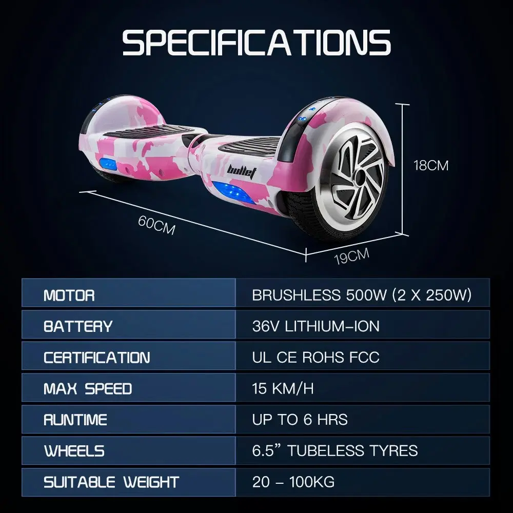 Bullet Electric Hoverboard Scooter 6.5 Inch Wheels, Colour LED Lighting, Carry Bag, Gen III Pink Camo