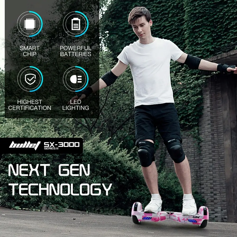 Bullet Electric Hoverboard Scooter 6.5 Inch Wheels, Colour LED Lighting, Carry Bag, Gen III Pink Camo