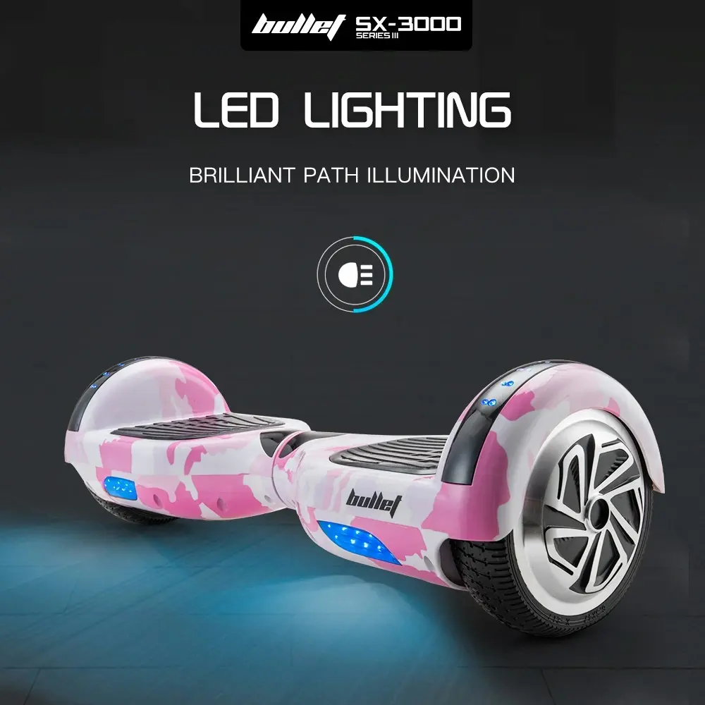 Bullet Electric Hoverboard Scooter 6.5 Inch Wheels, Colour LED Lighting, Carry Bag, Gen III Pink Camo