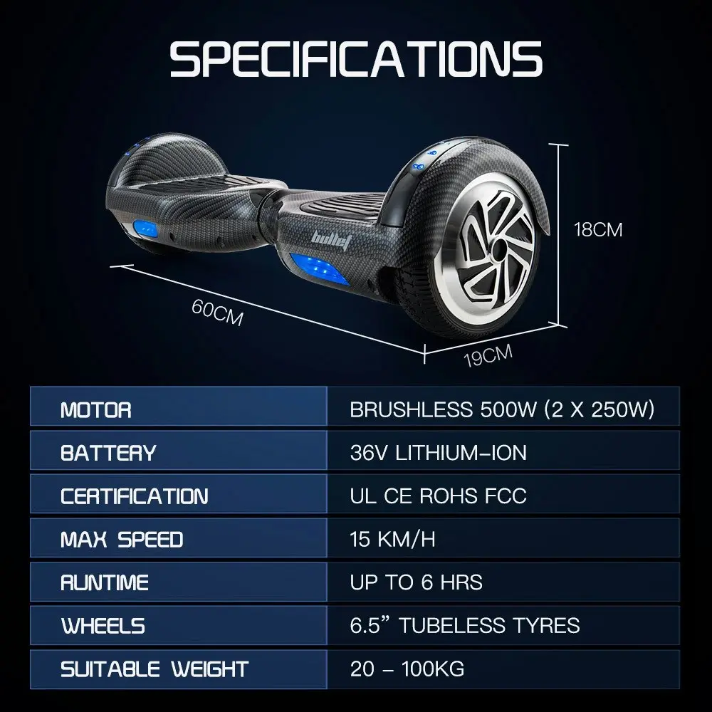 Bullet Gen III Hoverboard Scooter 6.5 Inch Wheels, Colour LED Lighting, Carry Bag, Carbon Fiber style