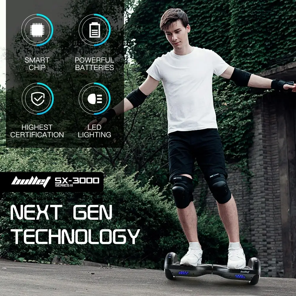 Bullet Gen III Hoverboard Scooter 6.5 Inch Wheels, Colour LED Lighting, Carry Bag, Carbon Fiber style