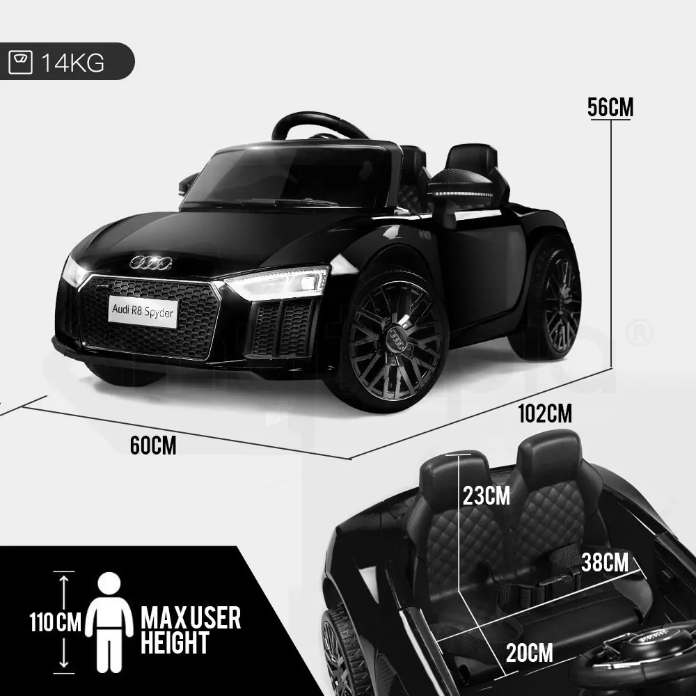 AUDI R8 SPYDER Licensed Electric Kids Ride On Car Battery Powered 12V, MP3 Player - Black