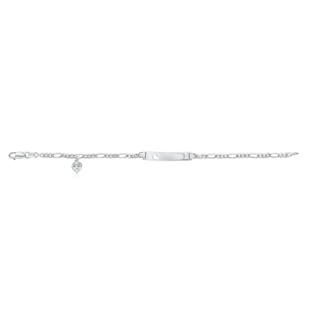 Sterling Silver 19cm Figaro 1-3 Open Heart ID Bracelet with Zirconia Heart Charm