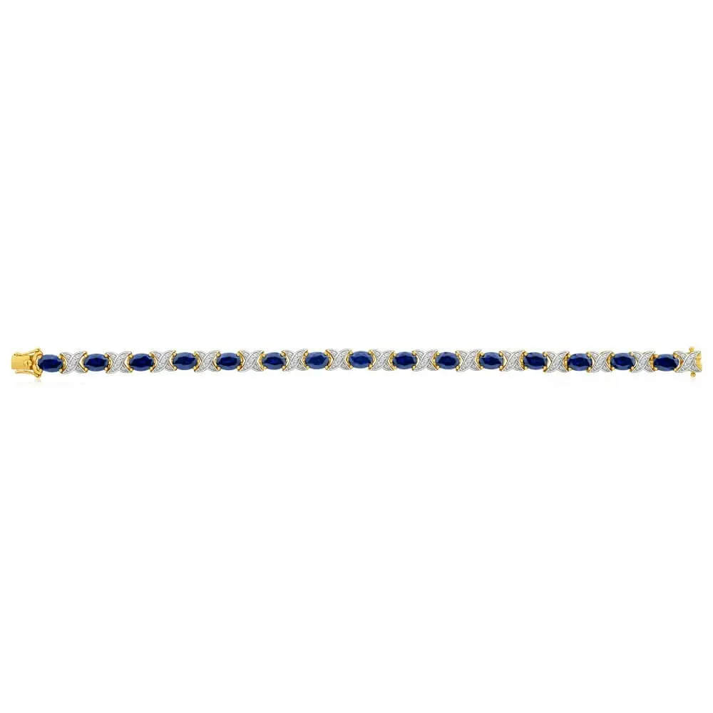 9ct Yellow Gold 7x5mm Oval Cut Created Sapphire and Diamond 19cm Crossover Bracelet