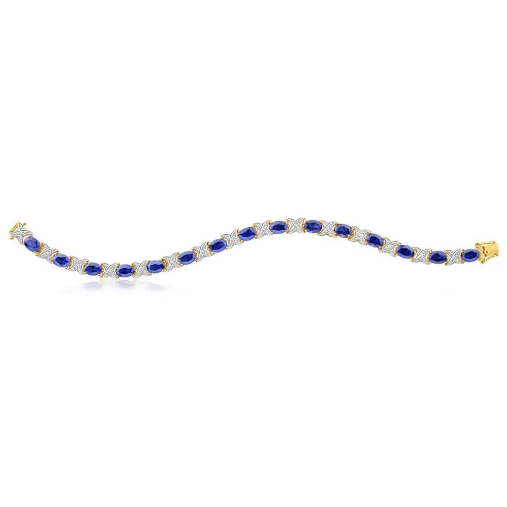 9ct Yellow Gold 7x5mm Oval Cut Created Sapphire and Diamond 19cm Crossover Bracelet